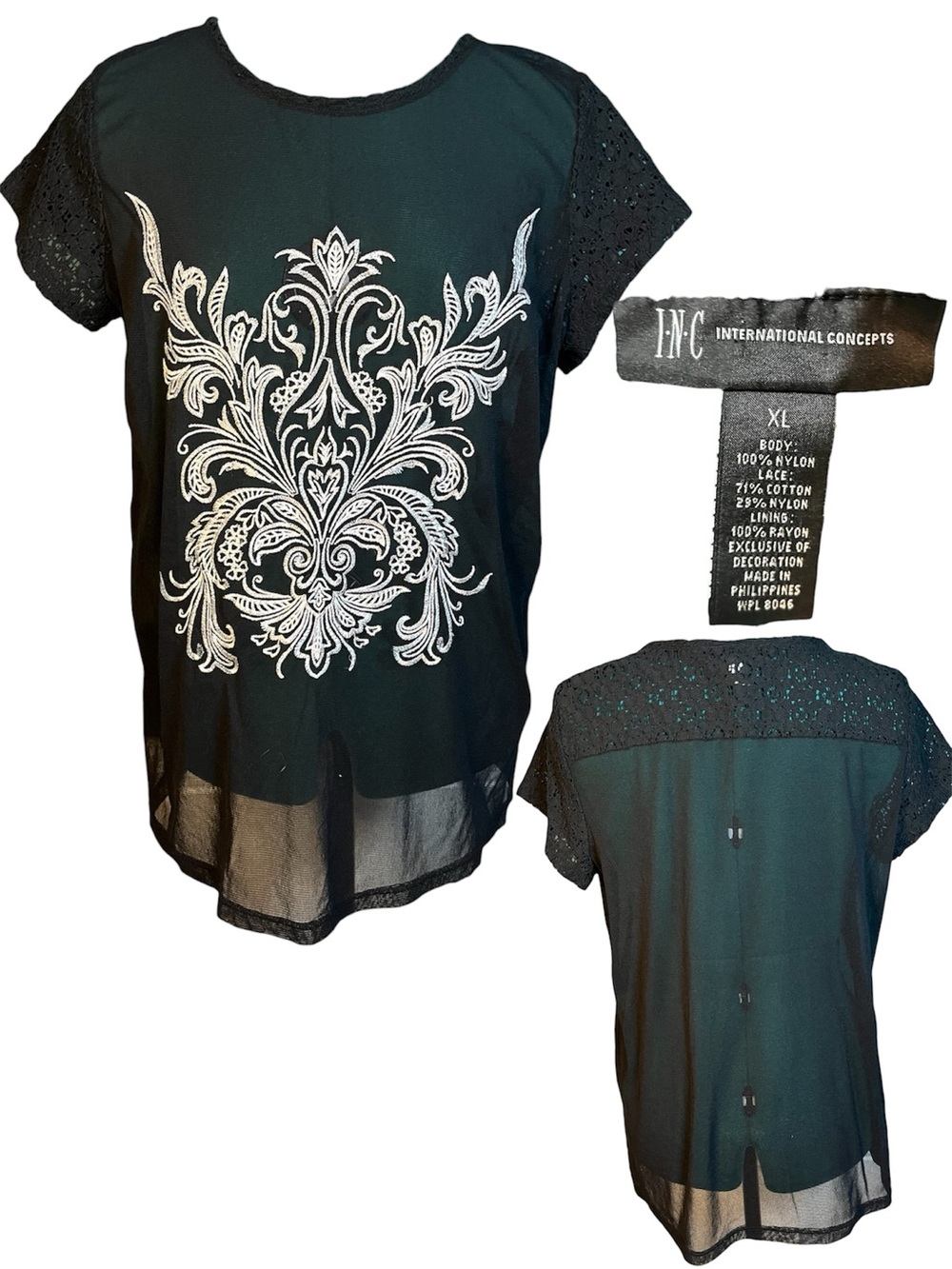 Y2K Black Top with White Embroidered sheer with crochet detailing